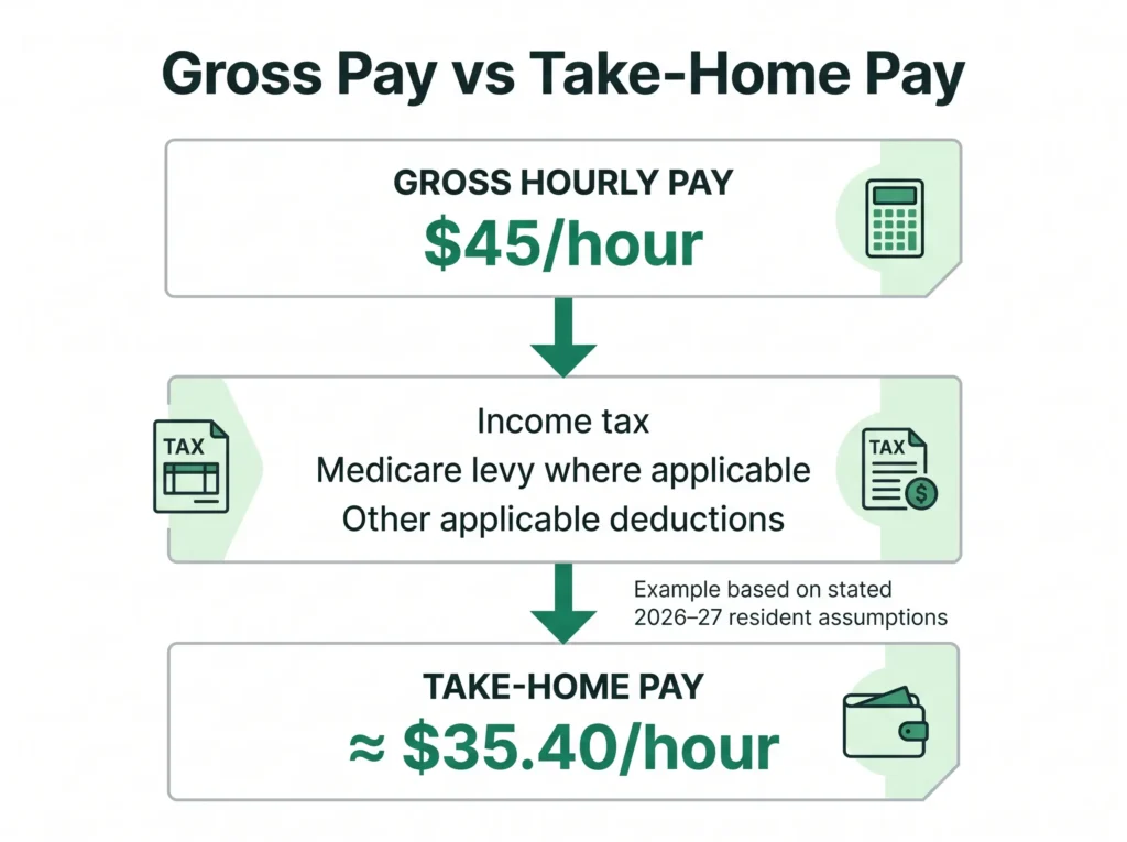 Gross hourly pay compared with after-tax take-home pay in Australia