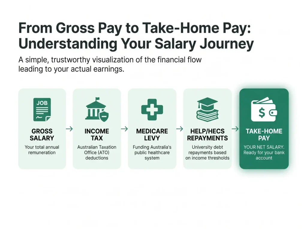 Gross pay to Take home pay calculator Australia flow showing tax, Medicare levy and HELP deductions.
