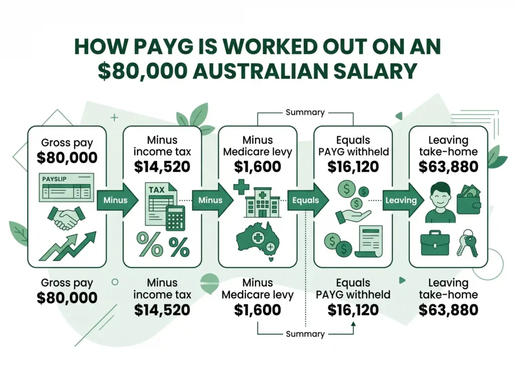 how PAYG is calculated on an $80,000 salary in Australia, from gross pay to PAYG withheld and take-home