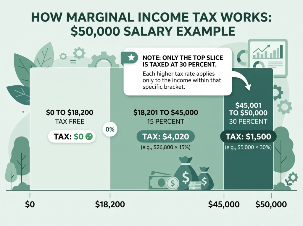 How marginal tax works on a $50,000 income in Australia, showing only part is taxed at 30 percent