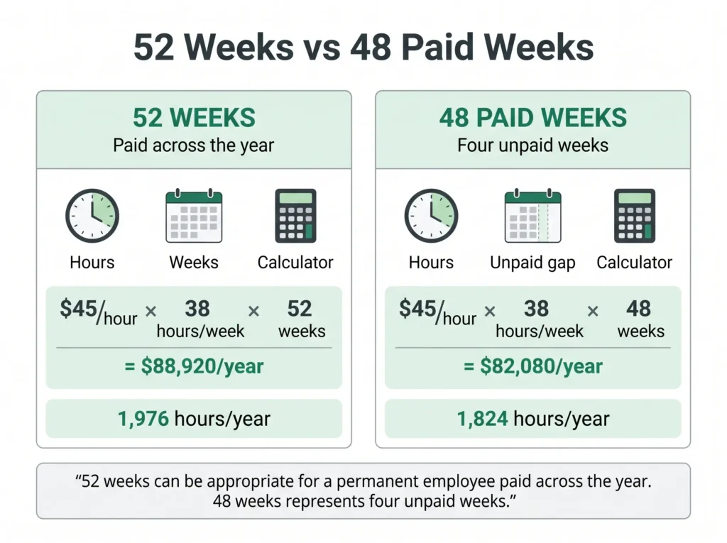 Comparison of 52 weeks and 48 paid weeks for annual salary calculation