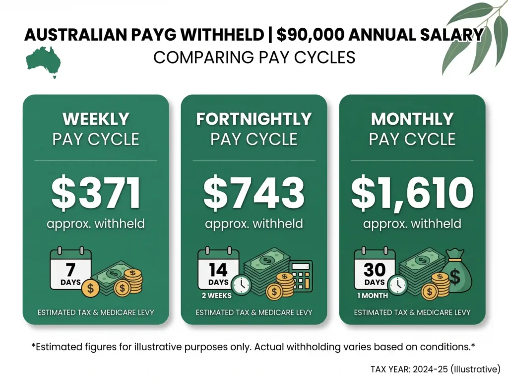 payg calculator australia showing PAYG withheld weekly, fortnightly and monthly on a $90,000 salary