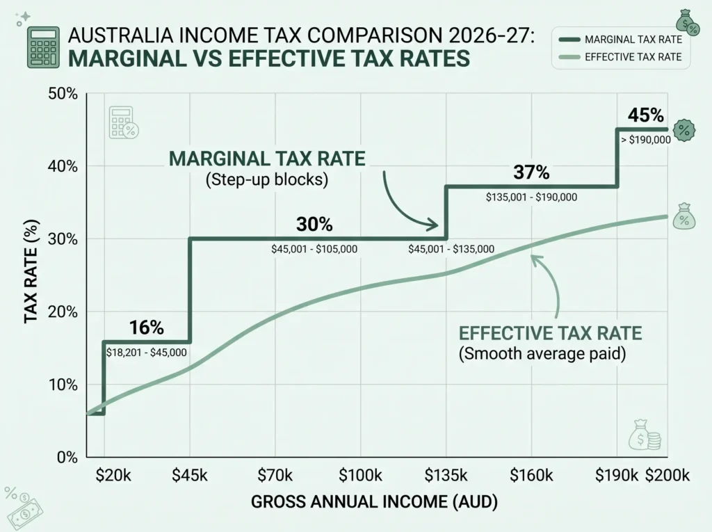 Marginal versus effective tax rate in Australia across incomes up to $200,000 for 2026-27
