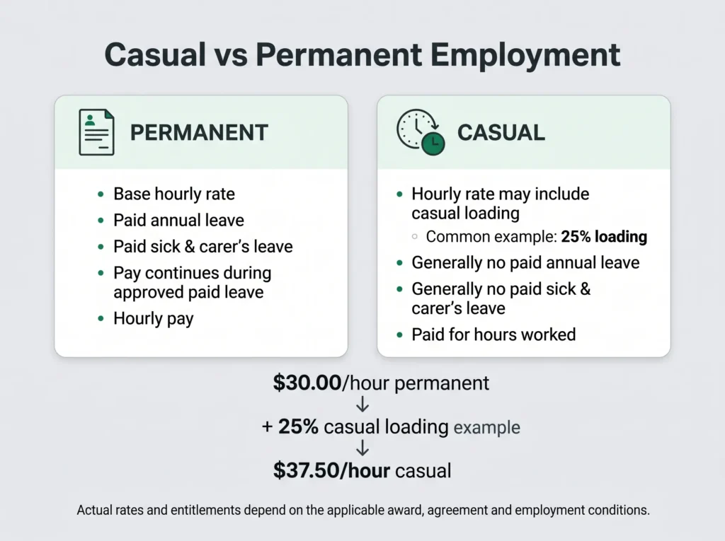 Comparison of casual and permanent hourly pay and leave entitlements in Australia