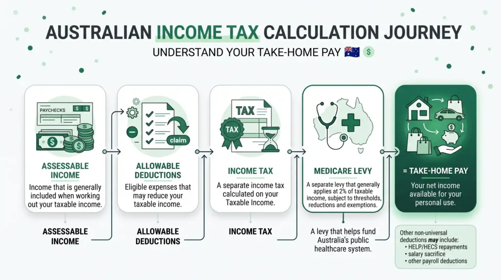 Australian income tax calculation journey showing assessable income, allowable deductions, income tax, Medicare levy, and take home pay.