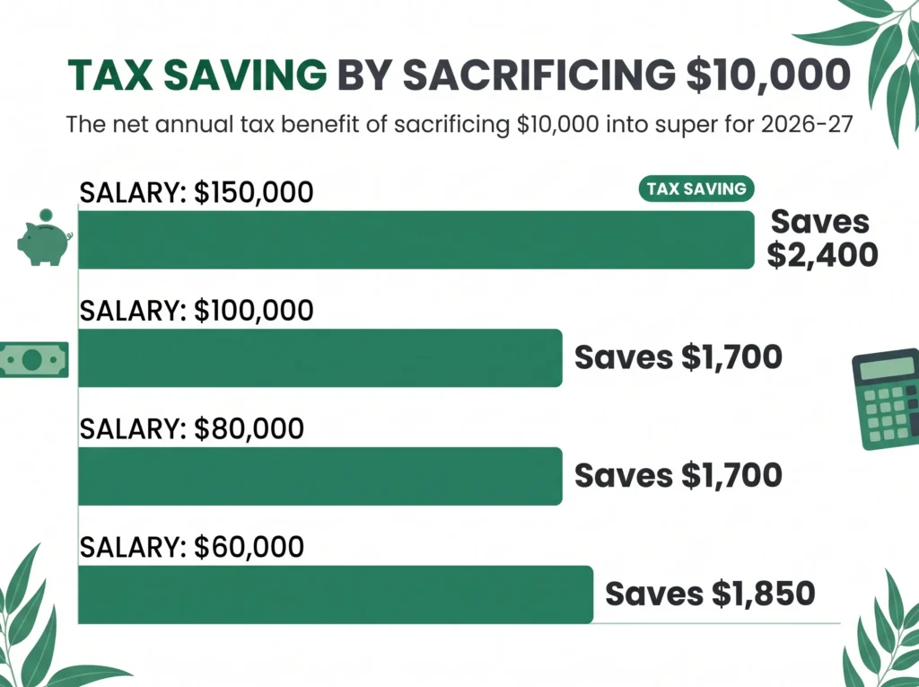 salary sacrifice tax saved at $60,000, $80,000, $100,000 and $150,000 salaries in Australia 2026-27