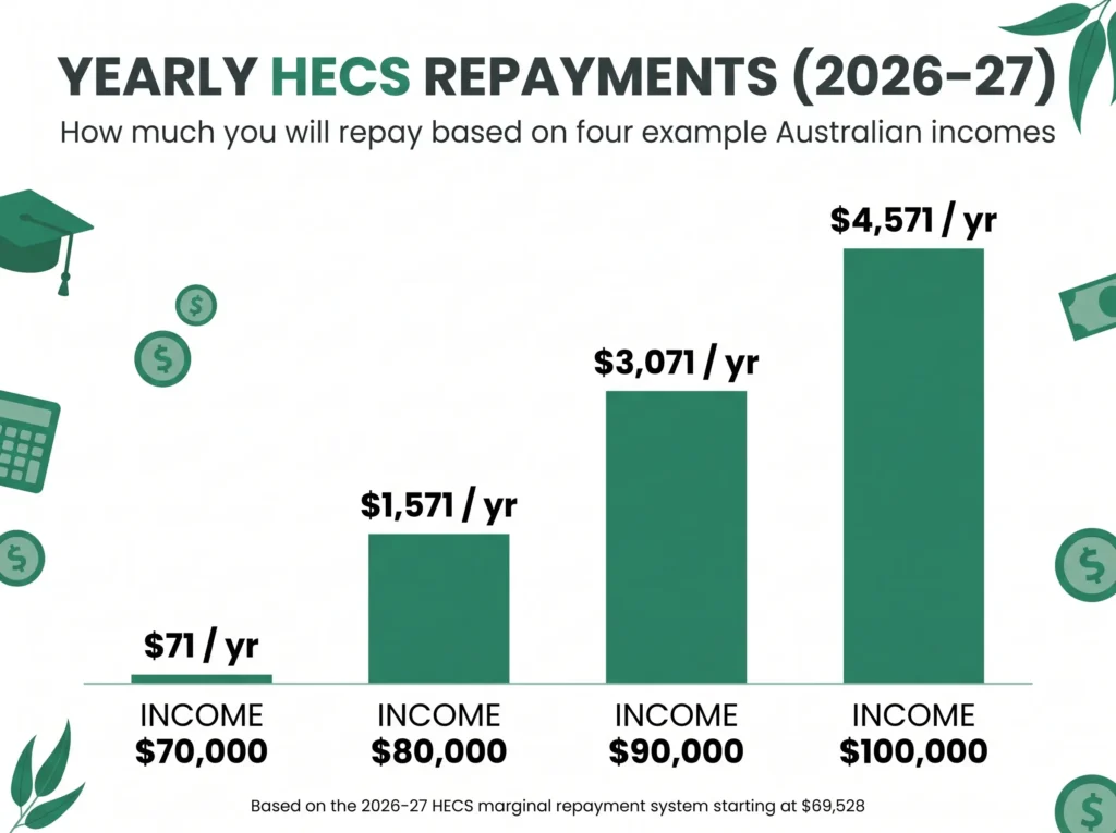 yearly HECS repayment on $70,000, $80,000, $90,000 and $100,000 incomes in Australia 2026-27