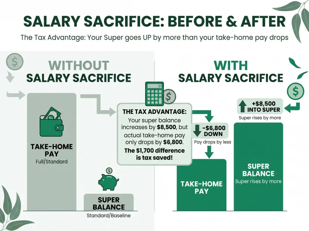 salary sacrifice take-home pay before and after, take-home drops $6,800 while super gains $8,500