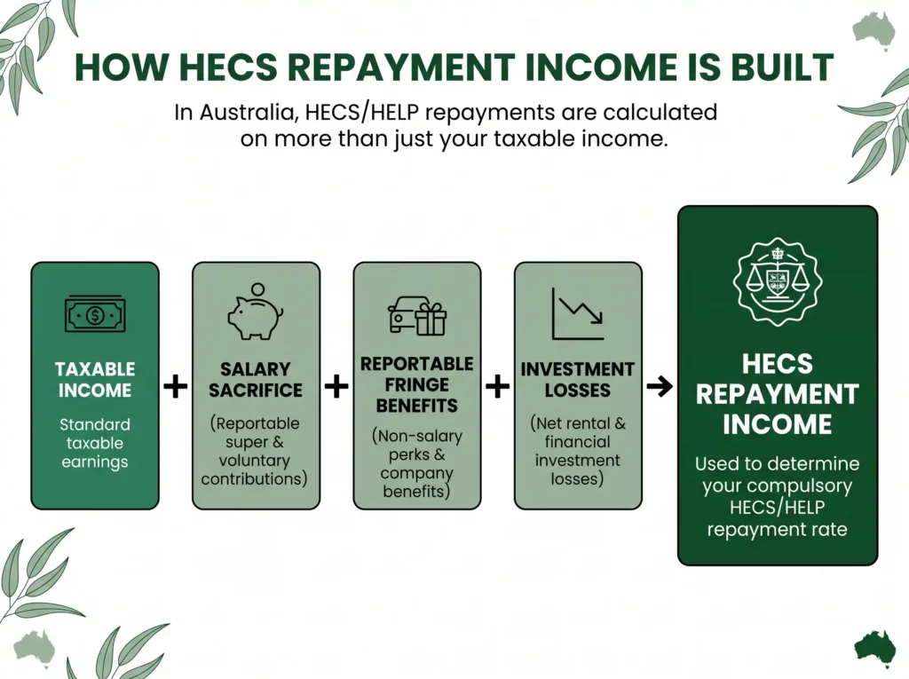 how repayment income for HECS adds salary sacrifice, fringe benefits and investment losses to taxable income