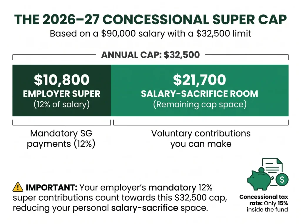 concessional super cap of $32,500 for 2026-27 split into employer super and salary sacrifice room