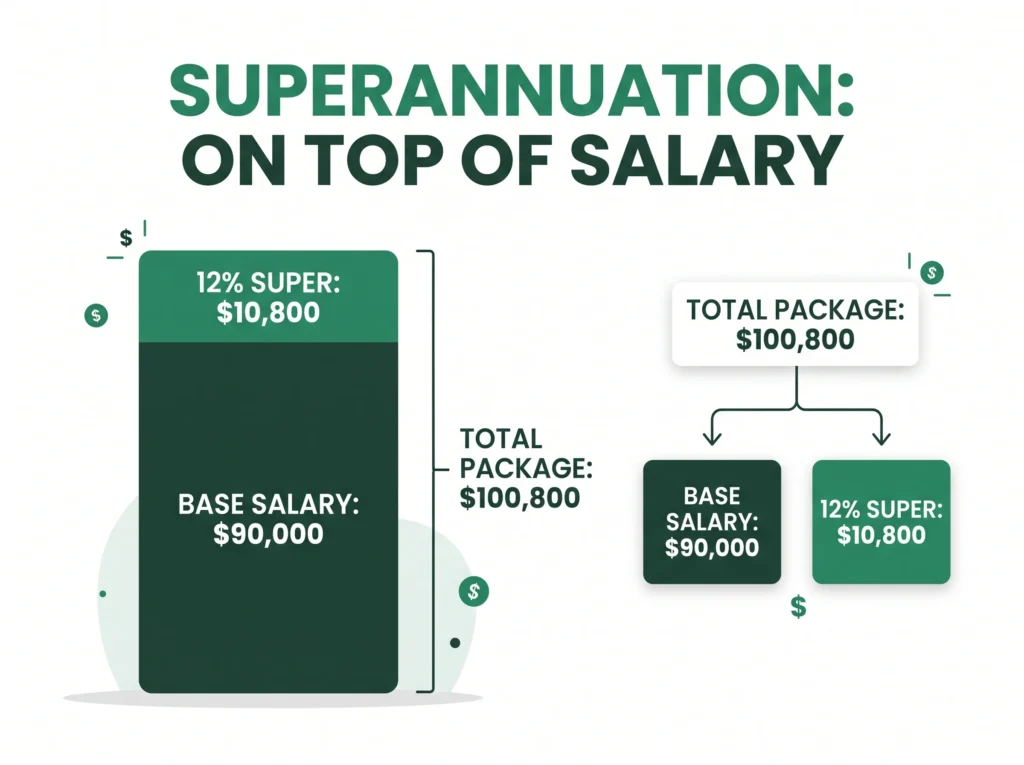 superannuation calculator australia showing 12% super paid on top of a $90,000 salary