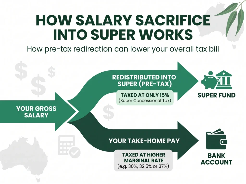 salary sacrifice calculator showing pre-tax salary going into super taxed at 15 percent instead of the marginal rate